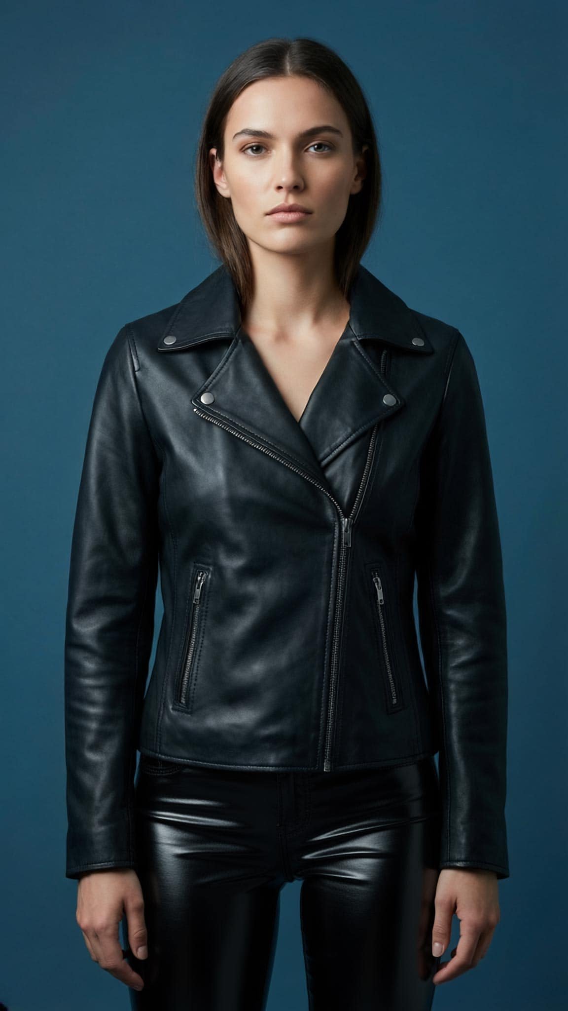 a model wearing a womens black leather jacket