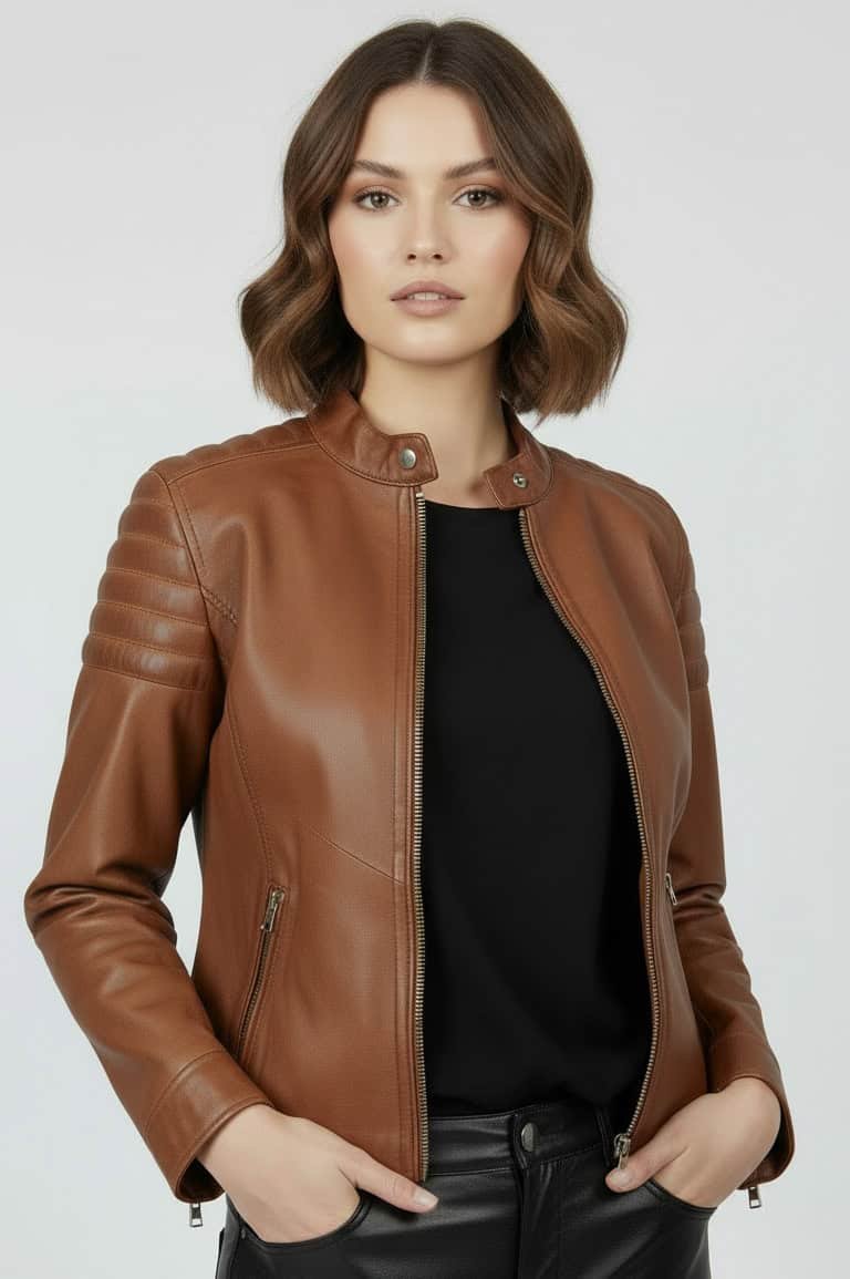 model up close wearing a brown leather jacket with a black t-shirt underneath