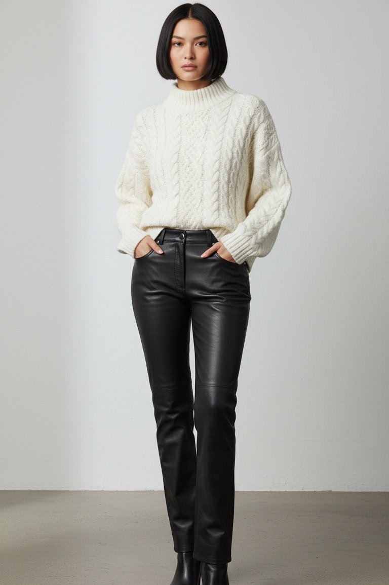 woman wearing leather trousers and a white jumper