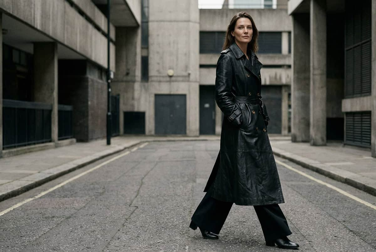 woman walking in an empty street wearing a leather jacket
