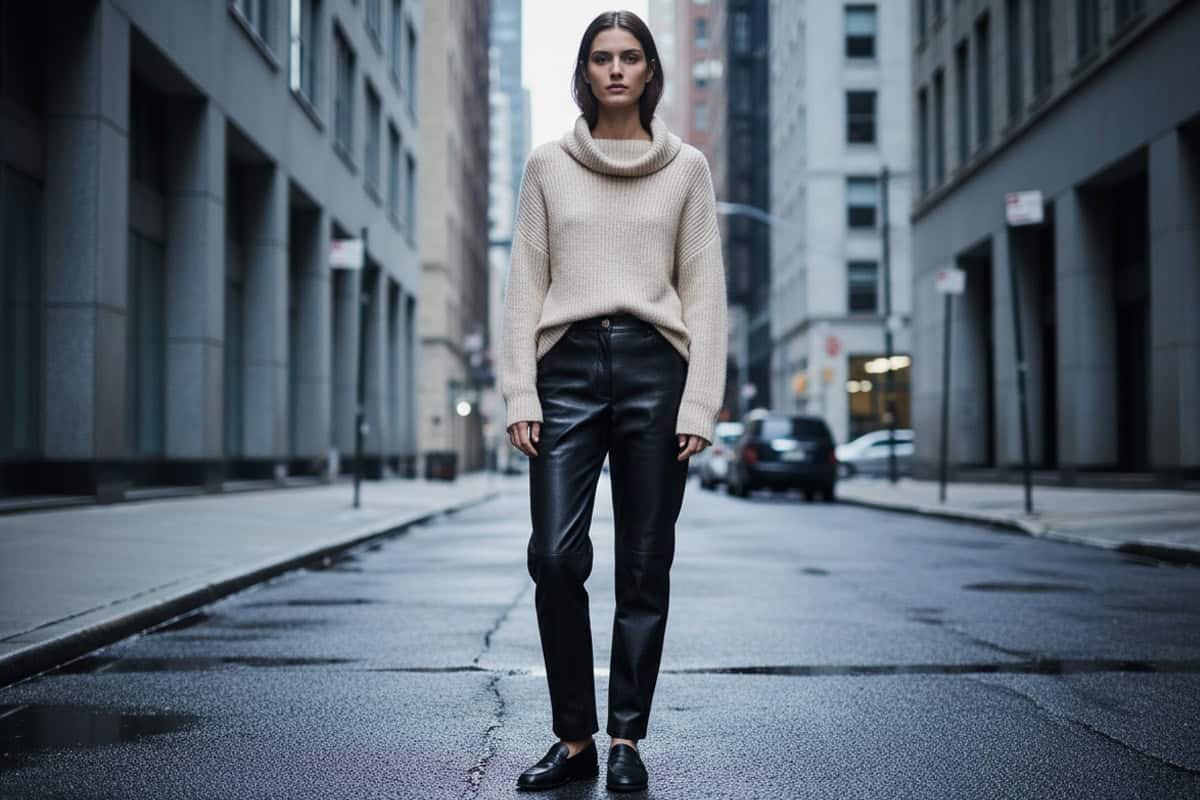 Mid-length fashion editorial photograph of a female model standing casually on a quiet city pavement. She is wearing black leather trousers styled with a soft neutral knit and simple flat shoes. Urban New York–style surroundings with muted grey and blue tones, concrete buildings, and minimal street detail. Calm, natural posture, hands relaxed, no dramatic pose. Overcast daylight with soft, diffused lighting. Subtle textures, restrained colour palette, understated modern fashion editorial style. High-resolution, clean composition, magazine-quality photography.