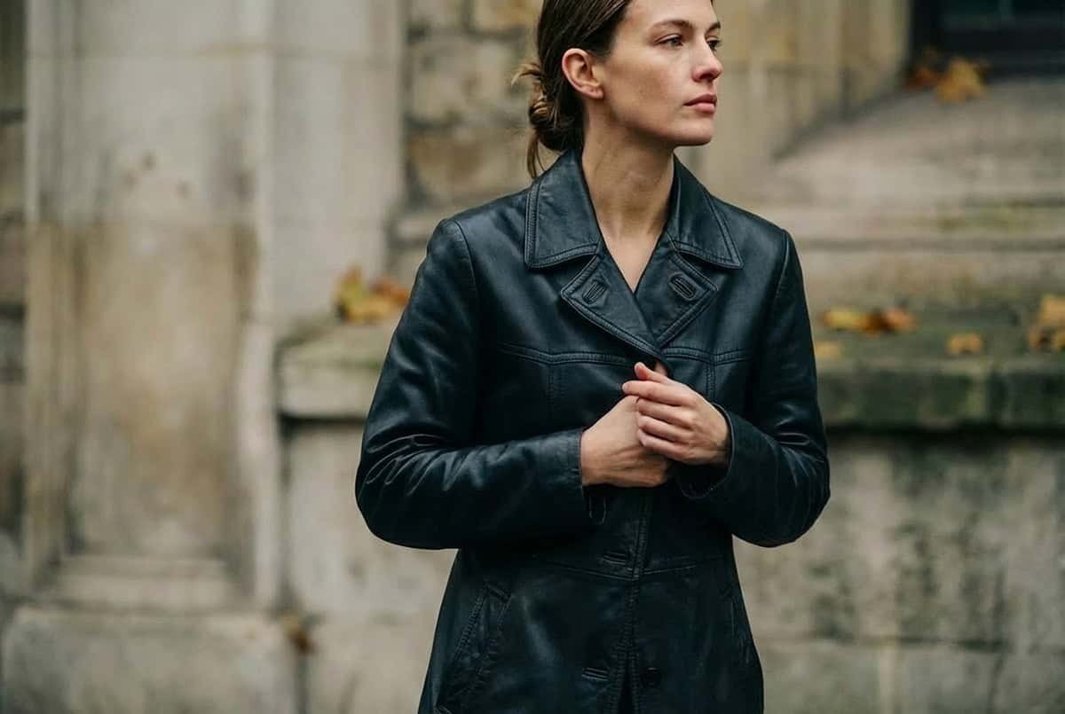 woman wearing a leather coat